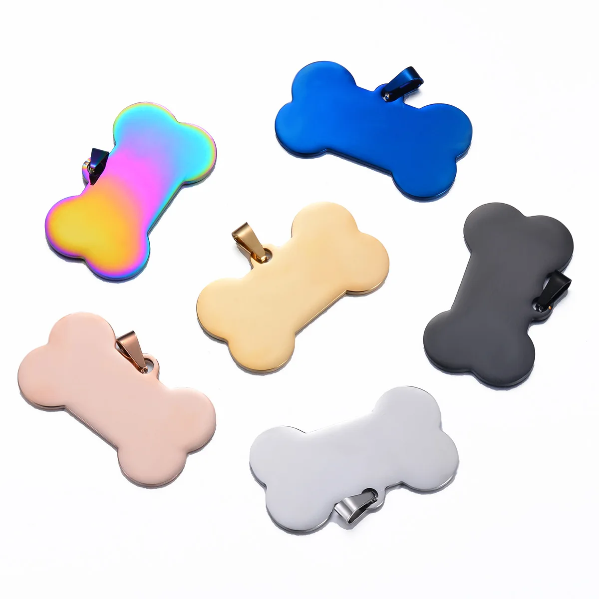 10 Uds. Venta al por mayor de etiquetas de identificación de perro/gato con forma de hueso de acero inoxidable, accesorios para Collar, joyería de etiqueta de identificación de mascota en blanco en 6 colores