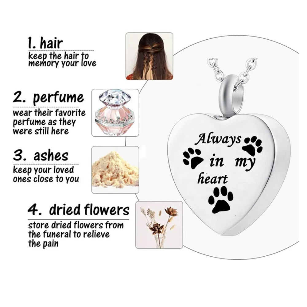 Joyería de Cremación para Cenizas, Siempre en Mi Corazón, Colgante de Acero Inoxidable con Forma de Corazón y Huella de Mascota, Collar Urna Conmemorativa