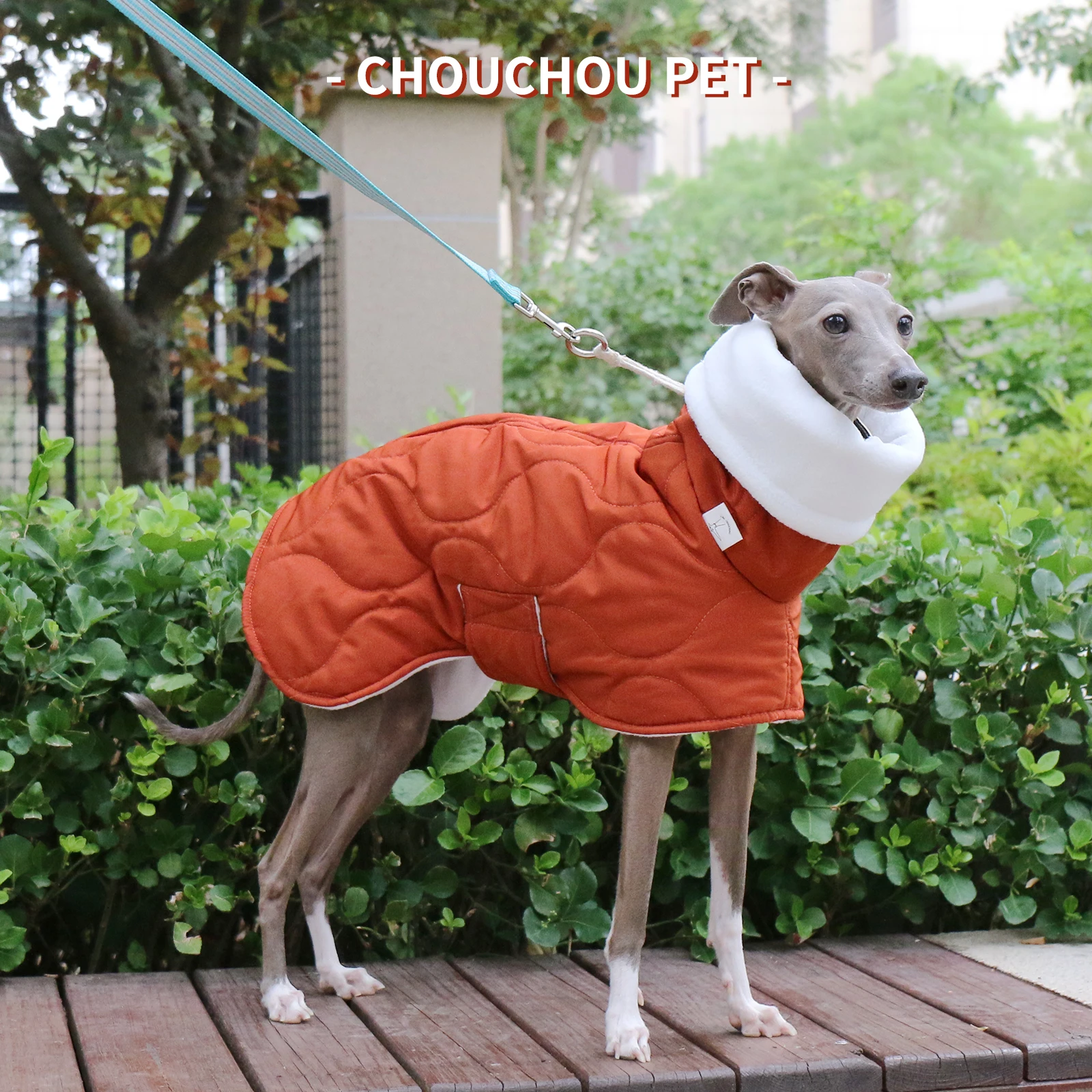 Invierno perro exterior naranja acolchado cuello de tortuga abrigo para perro galgo italiano cálido ajustable algodón Whippet