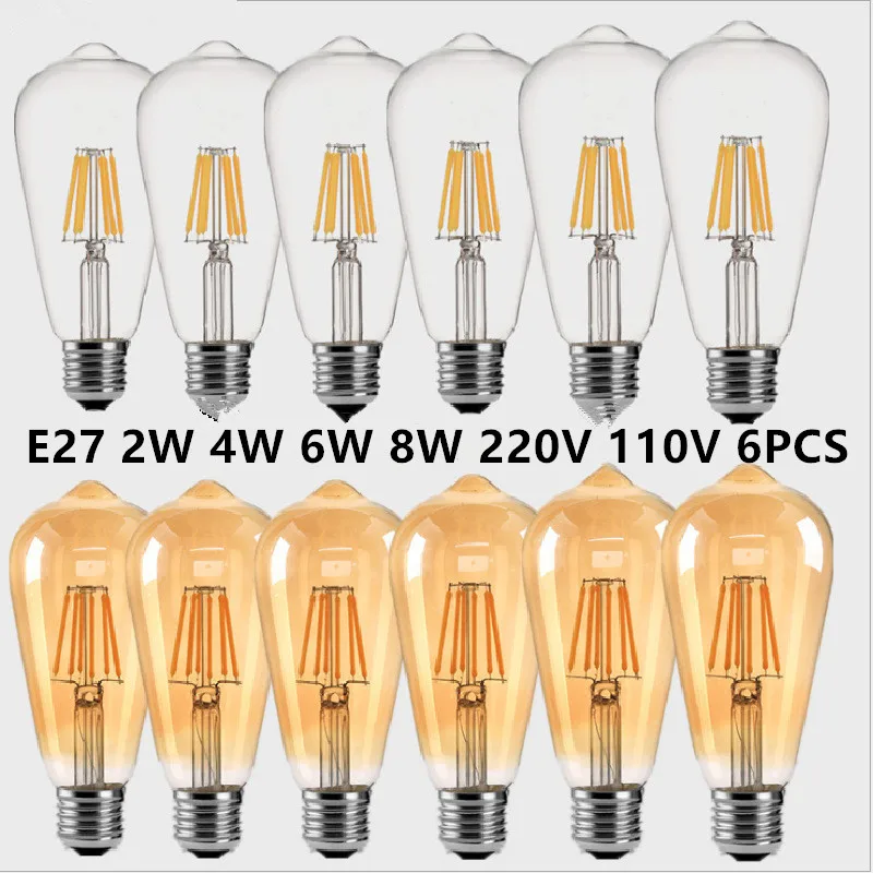 6 uds LED ST64 2W 4W 6W 8W DC 220V 110V bombilla de filamento dorado regulable E27 B22 luz Vintage Edison lámpara Retro aspecto de vidrio dorado