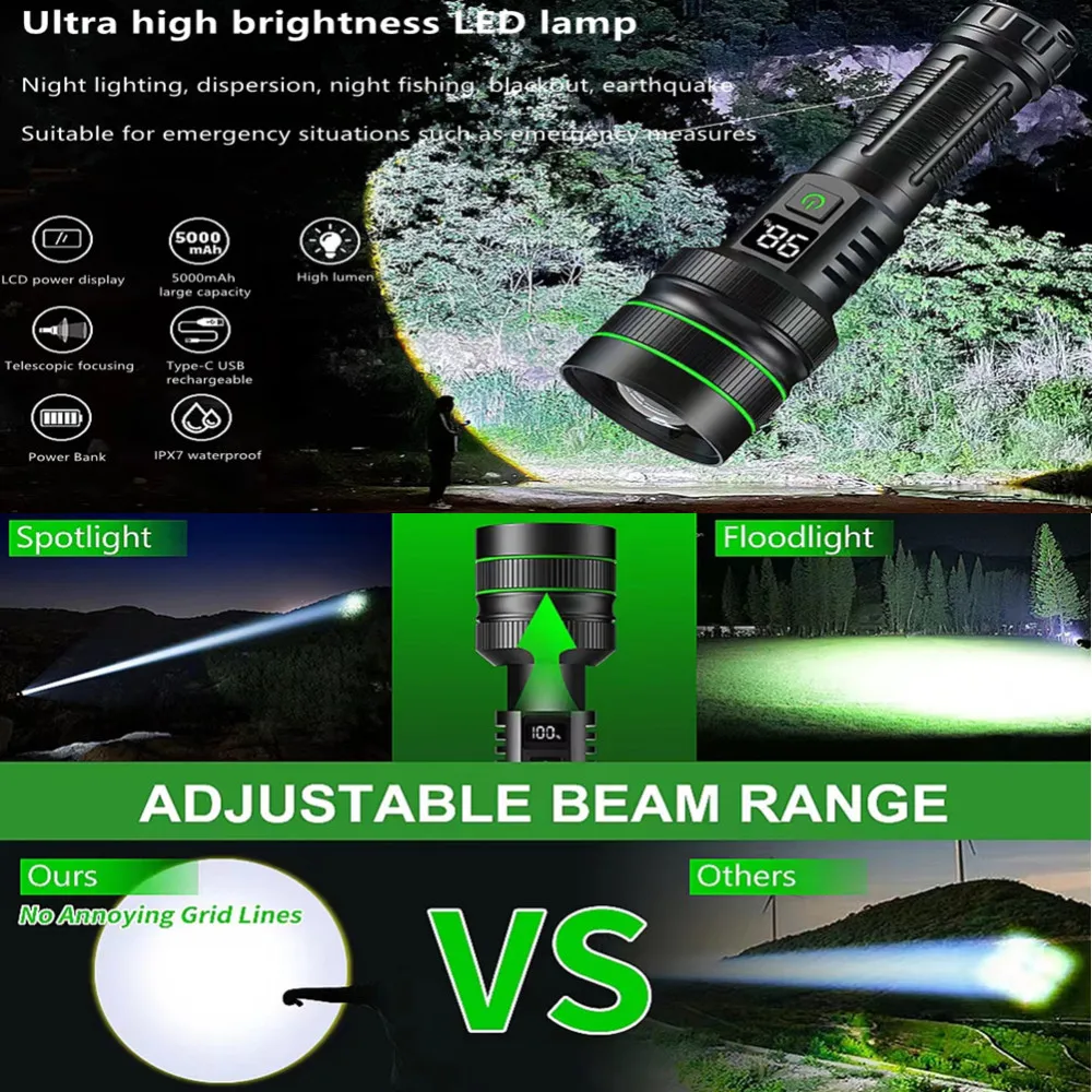 Foco brillante, linterna LED de largo alcance, carga tipo C, lámpara de luz fuerte, linterna táctica con Zoom impermeable para exteriores