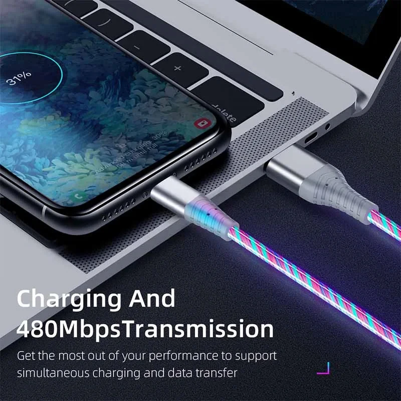 Cable USB tipo C luminoso de flujo, Cable de datos de carga rápida 3A para Samsung, Xiaomi, OPPO, Huawei, cargador de IPhone, Cable Micro USB LED