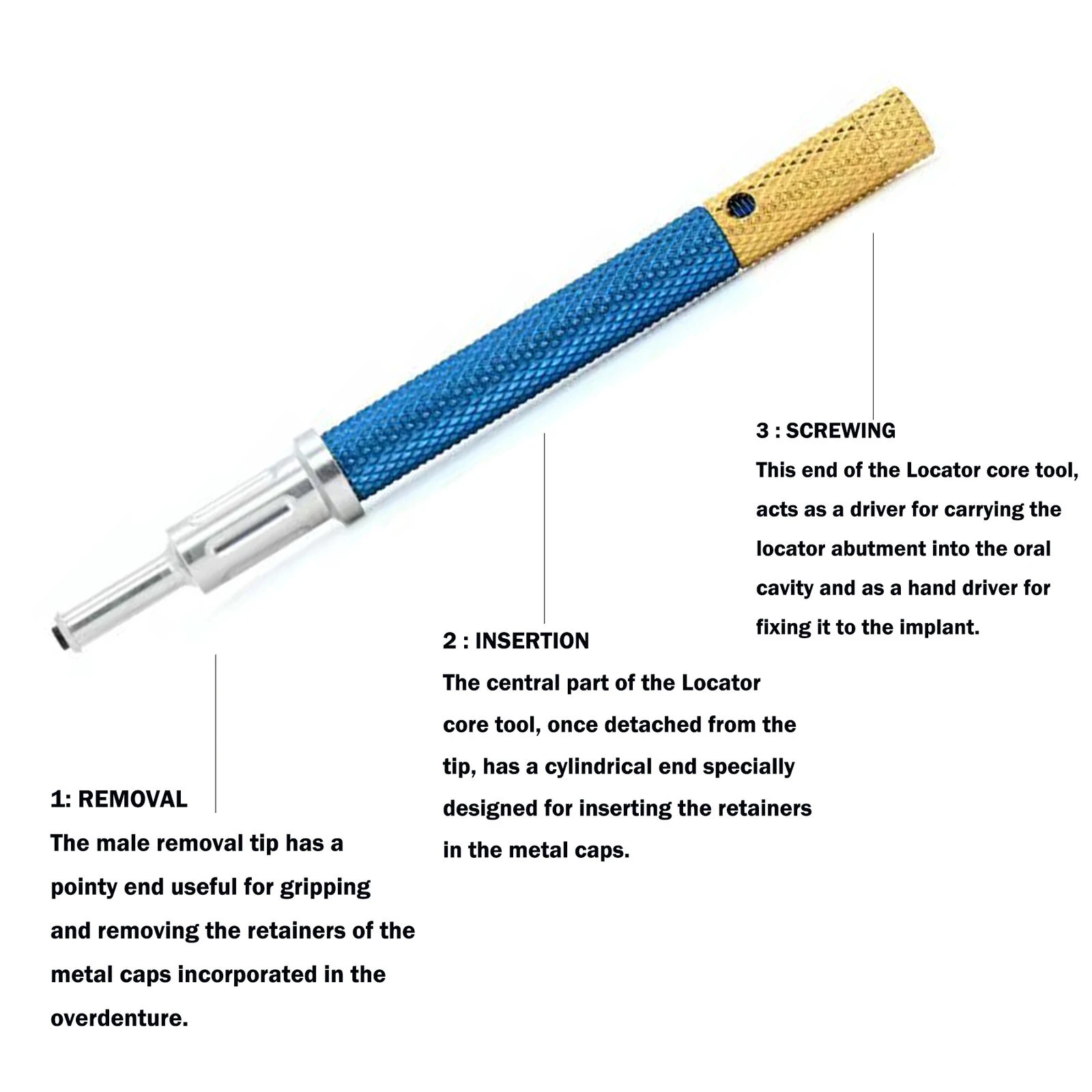 Kit Universal de Herramienta Localizadora y Tapas de Retención para Fijación de Abutments de Implantes Dentales y Sobredentaduras