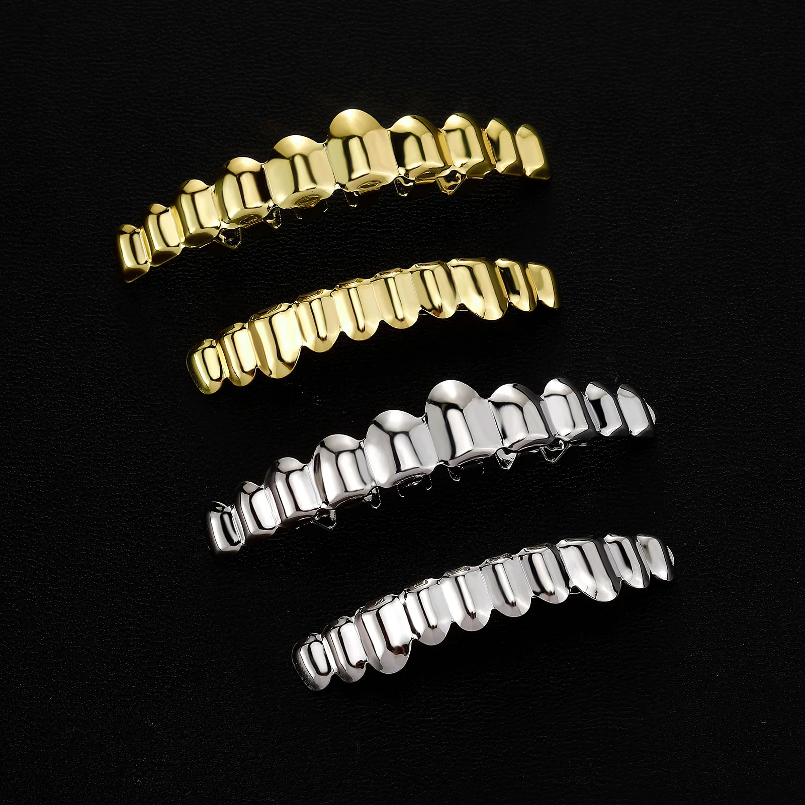 TOPGRILLZ Juego de 2 Piezas de Grillz Hip Hop Sin Piedras, Acabado Espejo Sólido, 10 Dientes, Joyería Clásica para Hombres y Mujeres