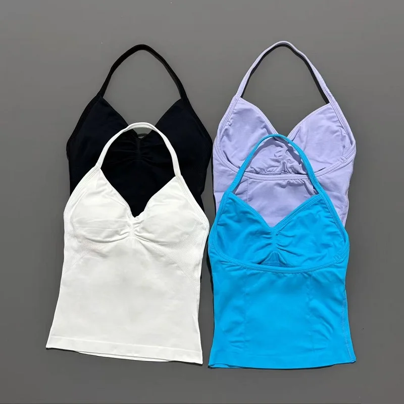 Camisetas deportivas para gimnasio para mujer, camiseta sin mangas para Yoga con almohadillas extraíbles, Top deportivo sin mangas con cuello en V, chaleco deportivo para correr y Fitness