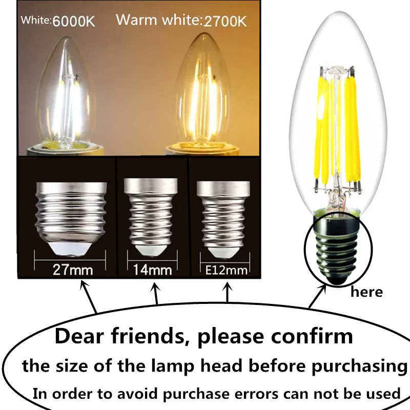 10 Uds bombilla LED C35 E14 E12 E27 220V 110V regulable 2W 4W 6W diseño vela de ahorro de energía luz de filamento blanco cálido lámpara de 360 grados