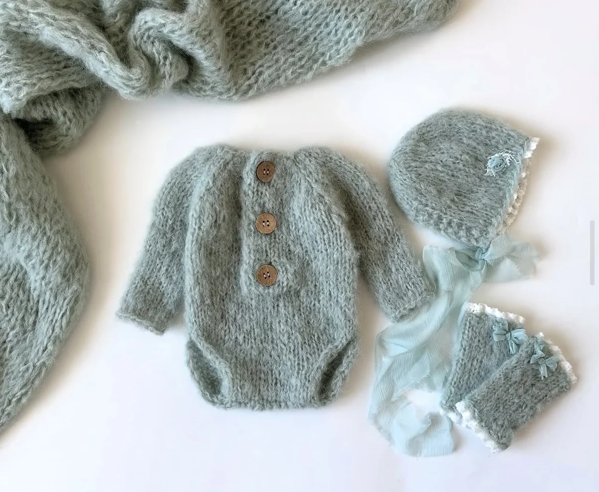 Conjunto de gorro, guantes y pelele de punto para bebé recién nacida, color verde menta, con lazo de encaje, accesorio de fotografía de princesa, ropa cálida de invierno para bebé.