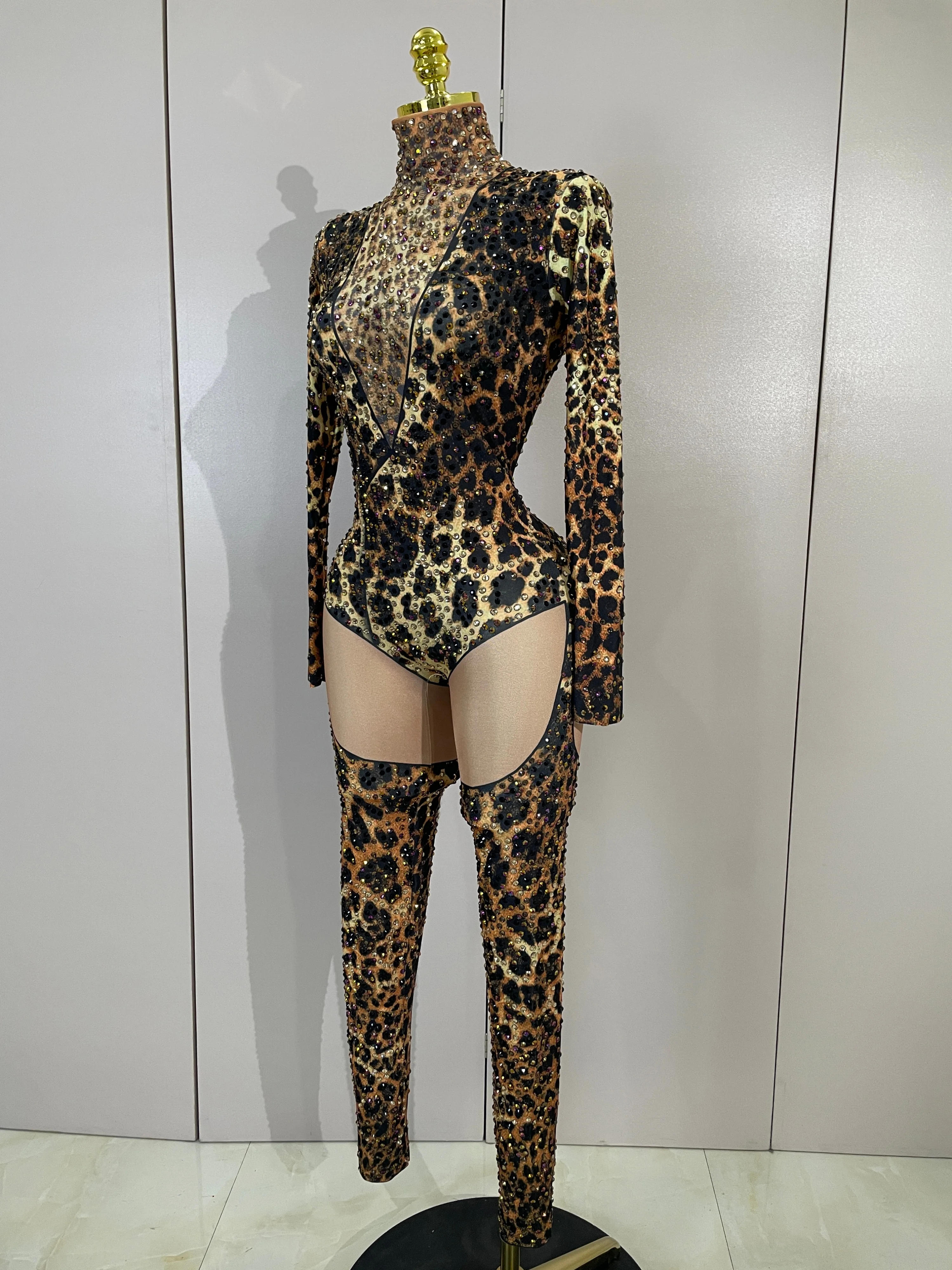 Mono elástico ajustado con estampado de leopardo y diamantes brillantes para mujer, traje sexy para fiesta nocturna, discoteca, cantante, bailarina, actuación en el escenario