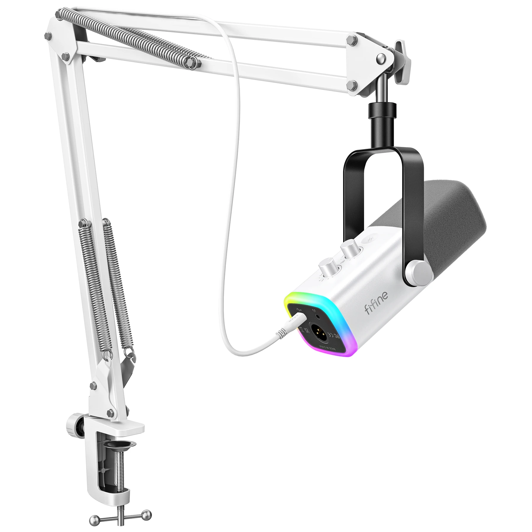 FIFINE Kit de micrófono para juegos USB/XLR con conector para auriculares/RGB/Boom Arm, juego de micrófono dinámico para PC PS5/4 Mezclador AmpliGame White-AM8TW
