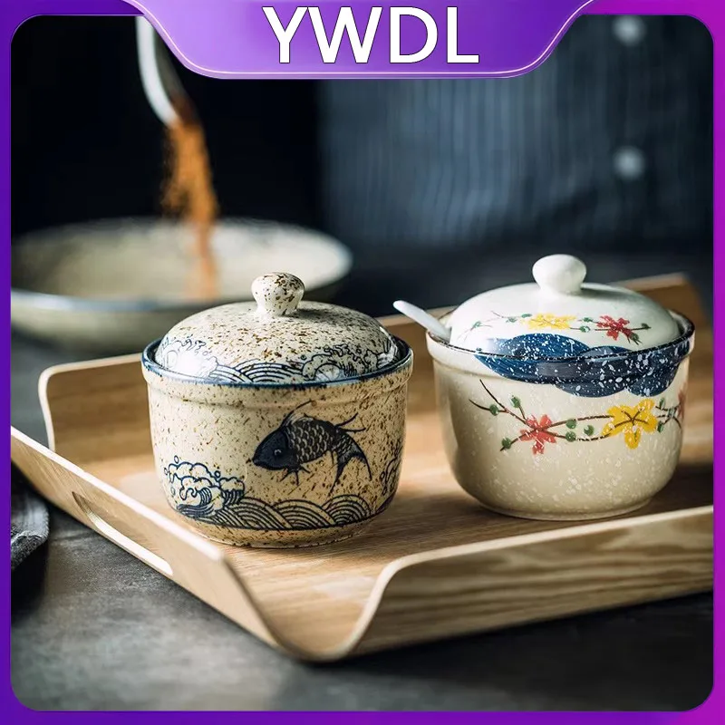 Tarro de cerámica para condimentos con tapa y cuchara, tarros de especias de cocina para sal, azúcar, pimienta y té, caja de almacenamiento de condimentos de estilo japonés, 1 Uds.