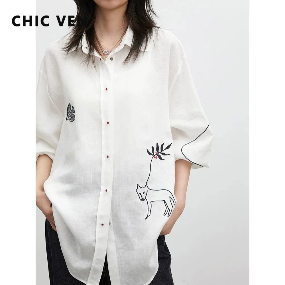 Camisa de Moda CHIC VEN para Mujer, Blusa Blanca de Manga Larga con Botones, Estilo Casual Holgado, Bordado de Poni, Primavera Verano 2026