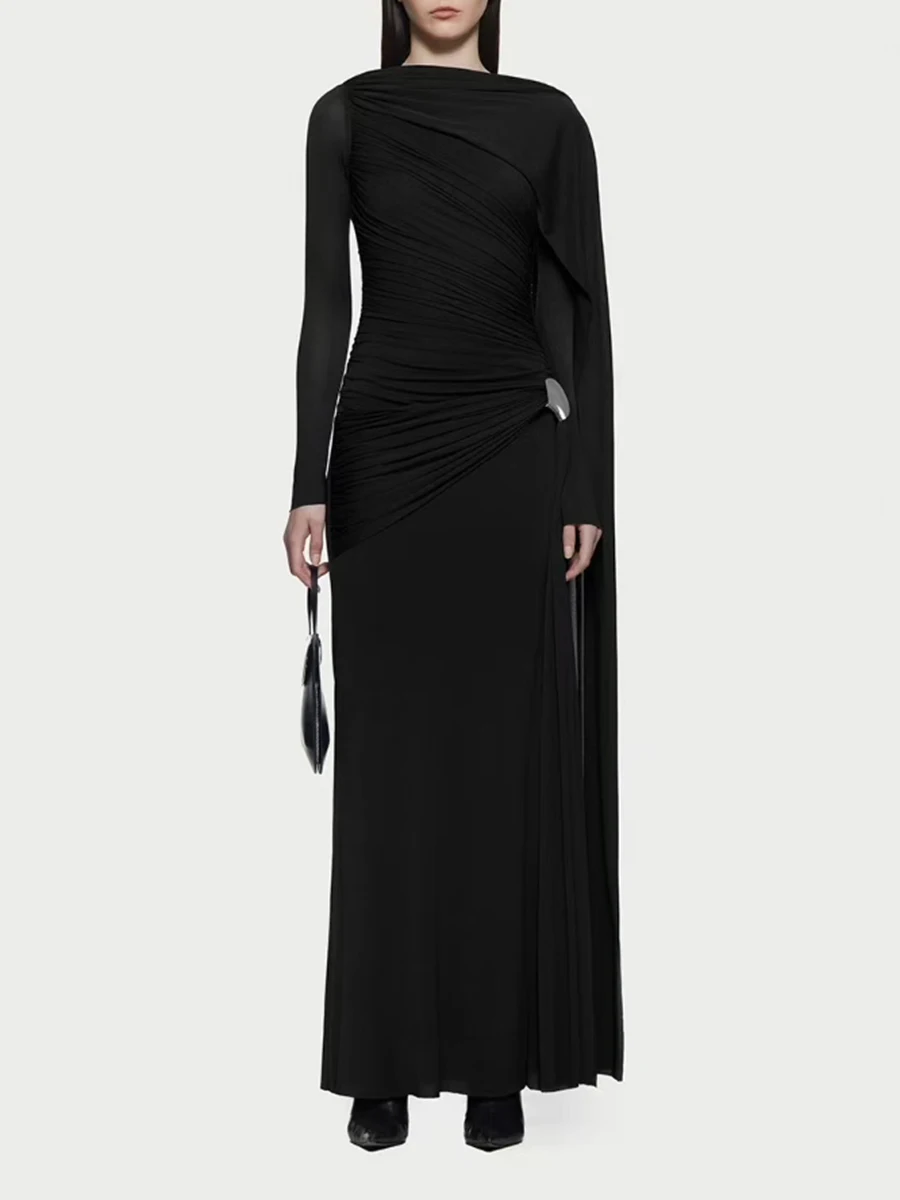 TWOTWINSTYLE, vestidos adelgazantes con pliegues empalmados para mujer, cuello redondo, manga larga, vestido con cinta de retales, ropa femenina