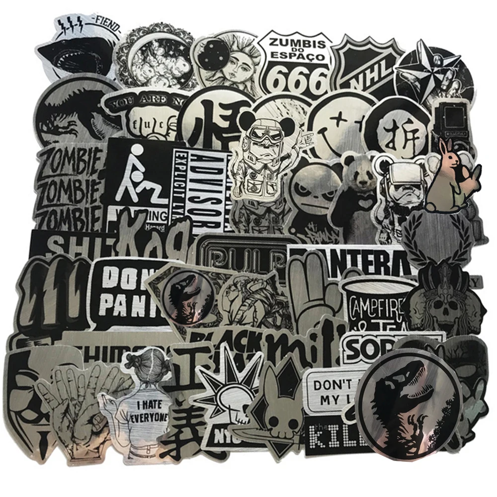 10/30/50/100 Uds. Imitando el logotipo de la marca de Metal pegatinas de banda de Rock Graffiti monopatín equipaje fresco PVC pegatina impermeable juguetes para niños