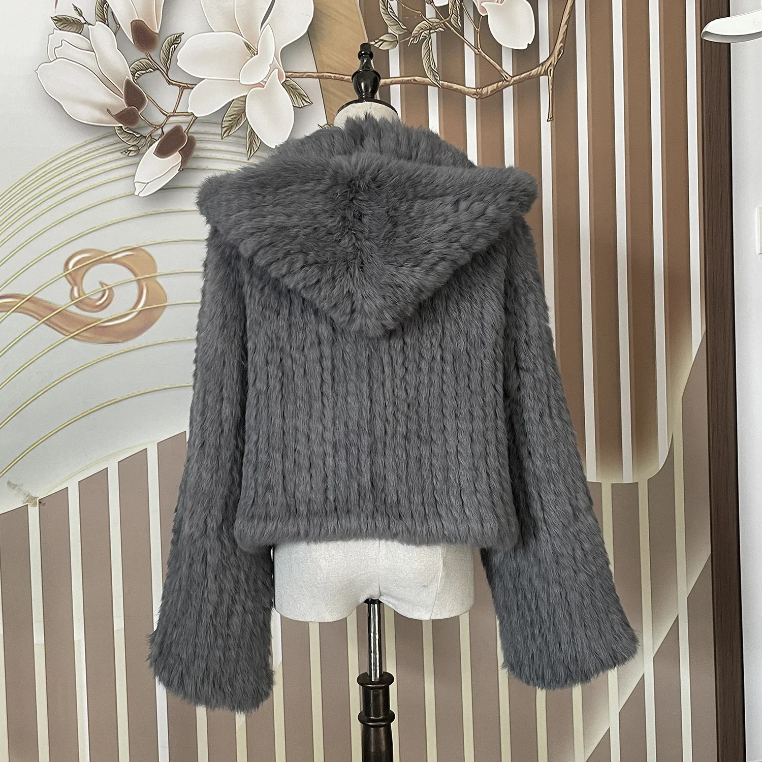 Abrigo con capucha de piel de conejo auténtica para mujer, chaqueta de piel auténtica holgada informal de manga larga con capucha, prendas de vestir de piel Natural para mujer