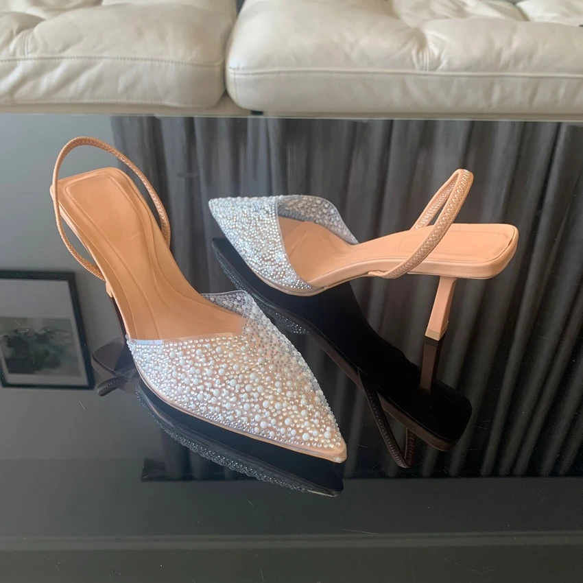 Moda de verano 2024, tacones altos para mujer, decoración de perlas, zapatos de tacón con talón descubierto para mujer, Sandalias de tacón alto con punta estrecha, zapatos elegantes para mujer