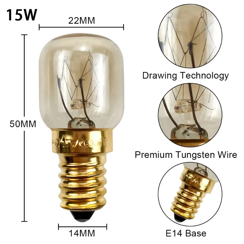5 uds 220V E14 300 grados resistente a altas temperaturas bombilla para horno microondas bombilla de iluminación para cocina 15W 25W oro plata