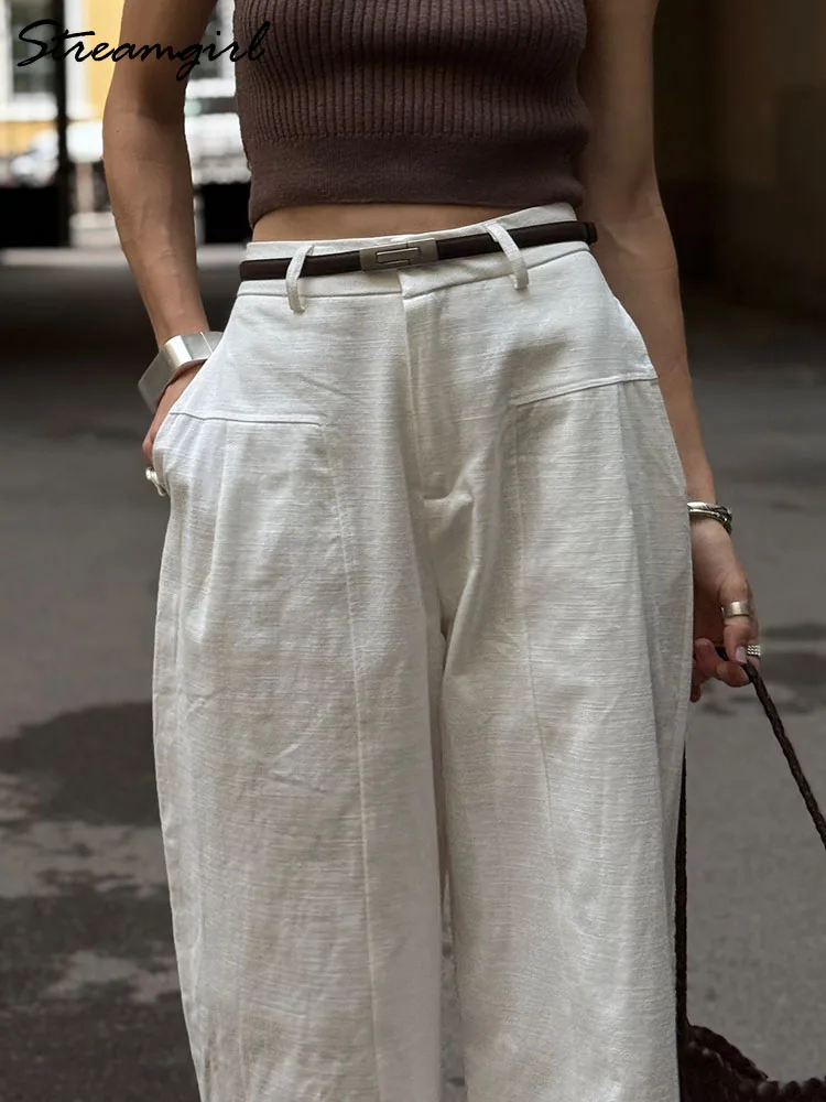 Pantalones blancos de lino y algodón para mujer, pantalones formales de pierna ancha, pantalones de traje de pierna recta de verano, pantalones formales de cintura alta para mujer, sueltos