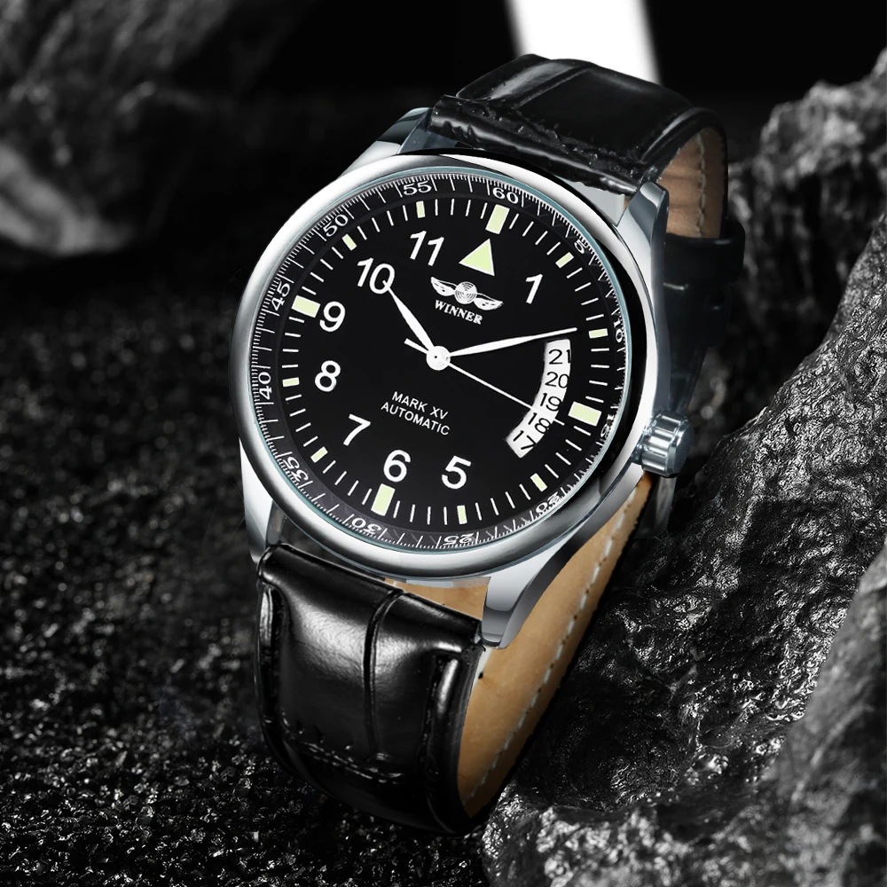 Reloj Automático de negocios WINNER para hombre, ventana con calendario, esfera negra a la moda, correa de cuero de moda, relojes mecánicos de marca de lujo