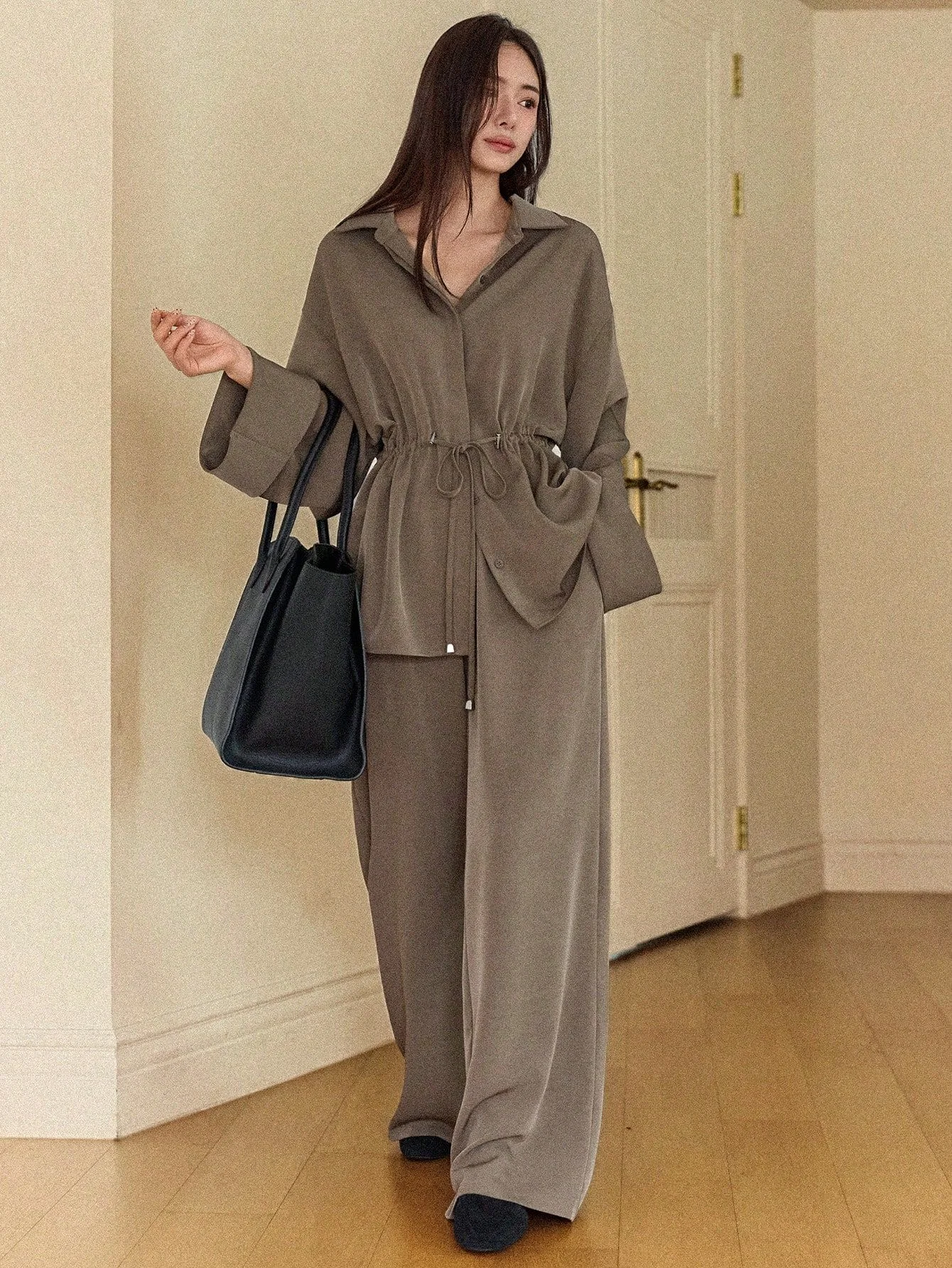 Conjunto de dos piezas elegante para mujer, camisa de manga larga con cordón en la cintura + pantalones de pierna ancha, ropa informal holgada para oficina