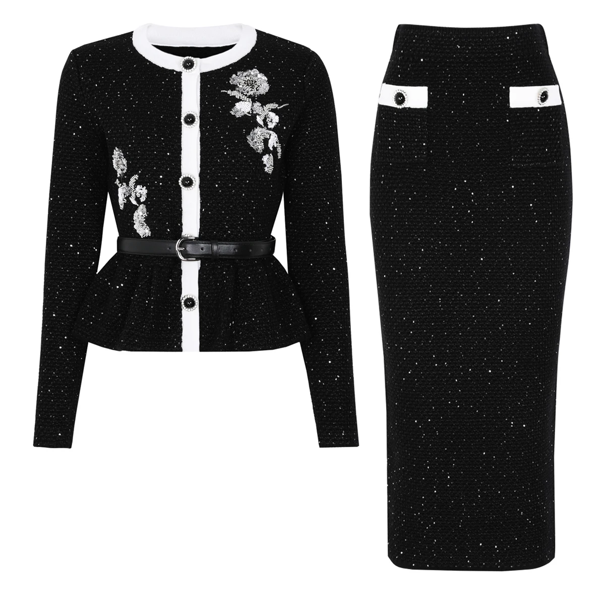 25293 Cárdigan de cintura de manga larga bordado de punto elástico a la moda de alta calidad + falda ajustada conjunto de mujer