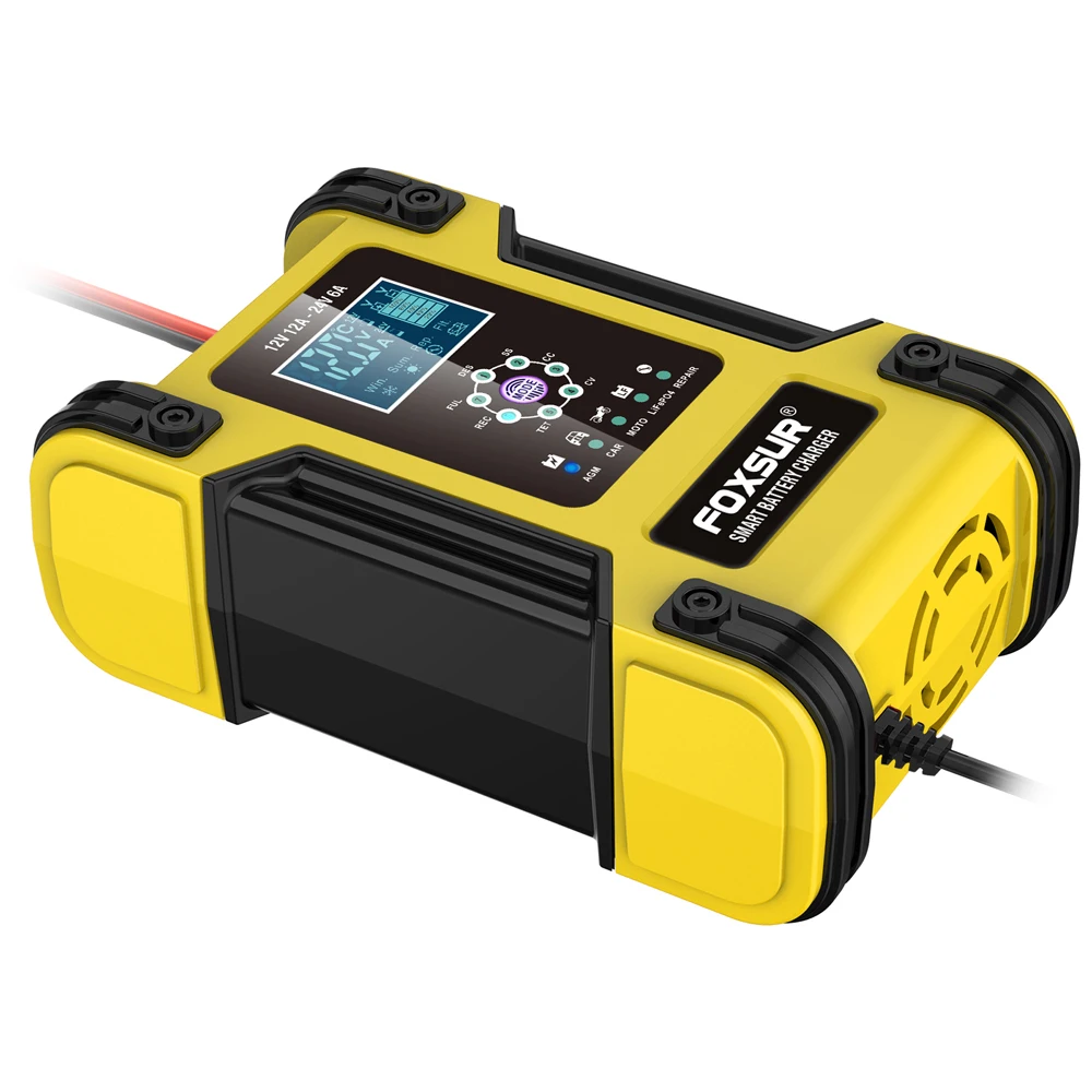 Foxsur-cargador de batería de coche completamente automático, 12V, 12A, pantalla Digital, cargadores de reparación de pulso de potencia, ácido de plomo seco y húmedo
