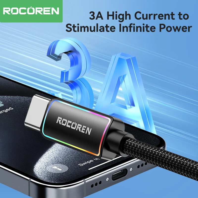 Rocoren 3A USB tipo C Cable Fsat carga QC 3,0 Cable de fecha para Samsung S23 Cable cargador de carga Ultra rápida para Huawei Xiaomi