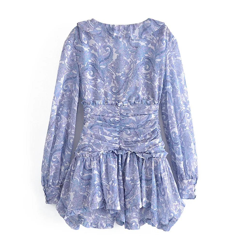Vestido mini de gasa con estampado floral azul para mujer, con volantes de oreja de madera, cuello en V, botones abiertos, cintura fruncida delgada, manga larga, estilo festivo