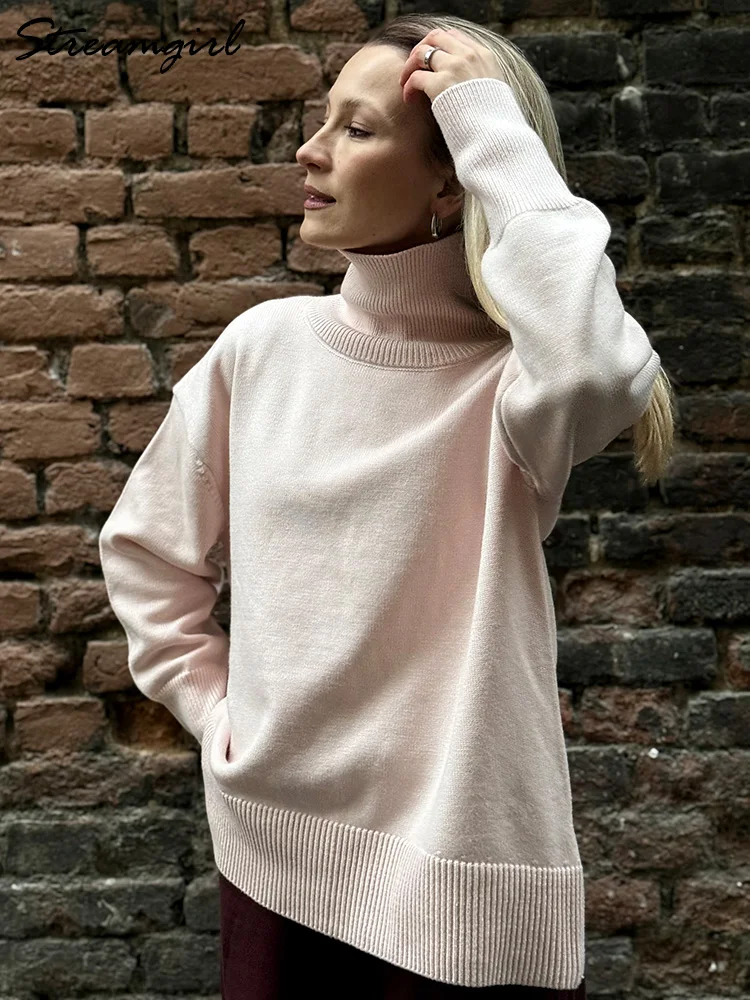 Suéter marrón de cuello alto para mujer, jerséis de otoño de gran tamaño, suéteres amarillos mantequilla, suéter holgado de punto con cuello de tortuga grueso para mujer