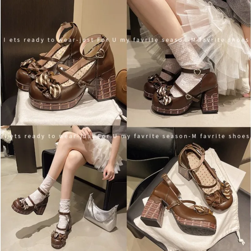 2025 dulce niñas Lolita tacones altos plataforma bombas Bowknots correa de tobillo Janes zapatos para mujeres tacones de primavera otoño