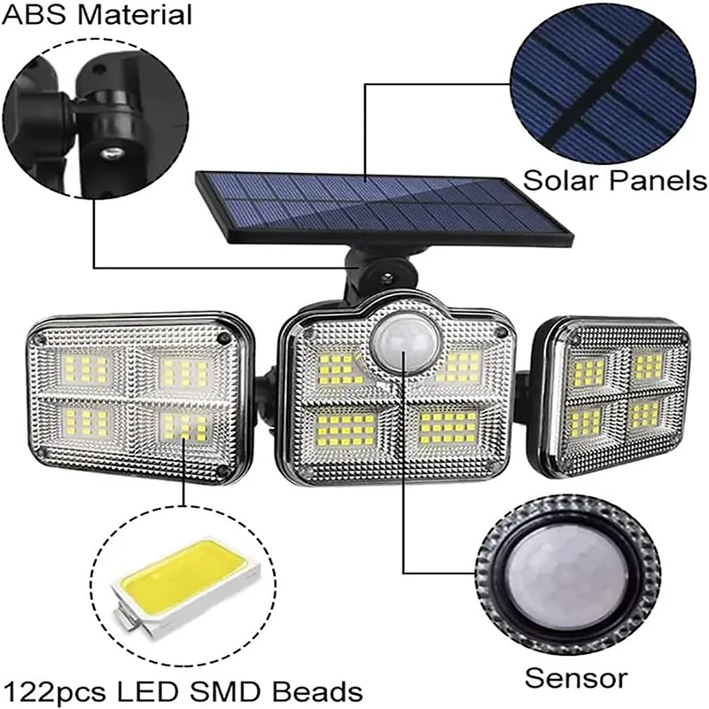 Paquete de 1 lámpara con sensor de movimiento para exteriores, luz de energía solar de 4 cabezales, luz solar de 122 LED, luces de inundación, 3000 lúmenes, 270 °   Gama de iluminación