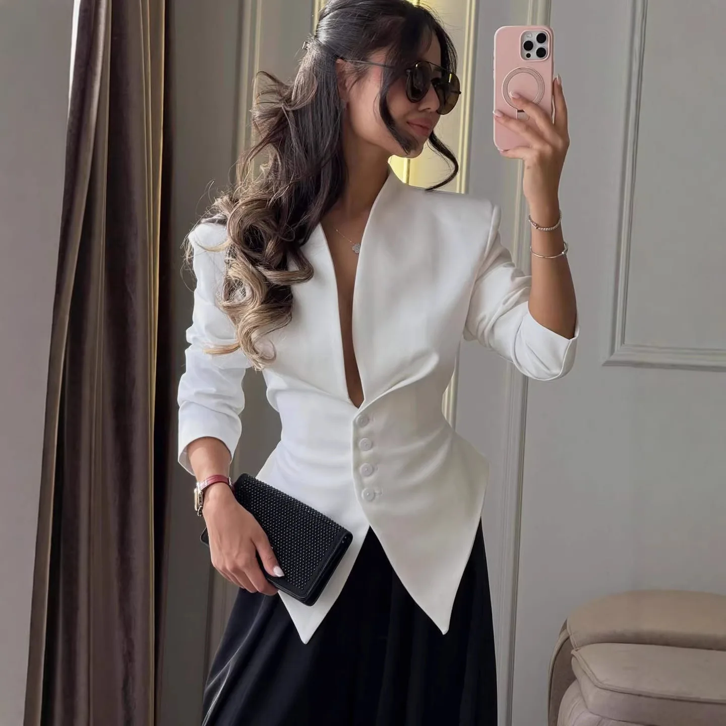 Chaqueta de Traje Sólida con Cordones UNITIM 2026, Chaqueta Plisada para Mujer, Elegante con Cuello en V, Cintura Ajustada, Abotonadura Sencilla, Manga Larga con Lazo