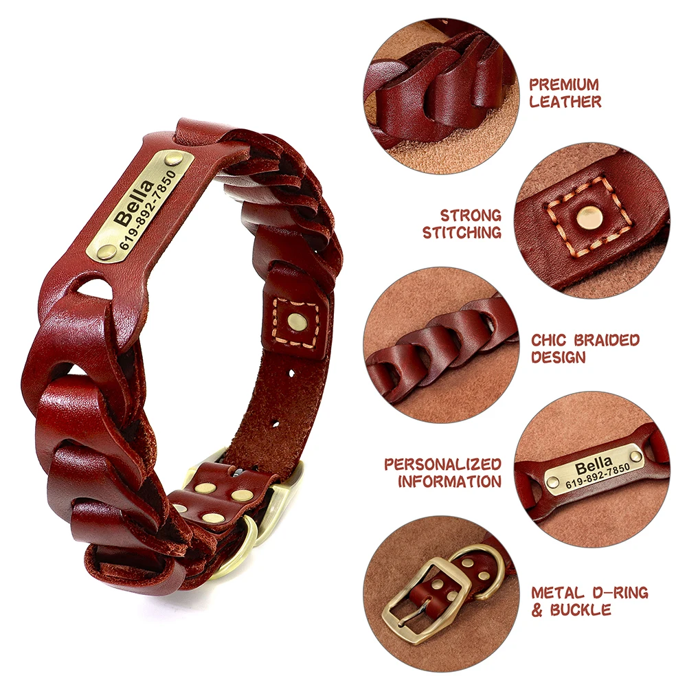 Collar de piel auténtica para perro, personalizado, mediano y grande, identificación de mascotas, Pitbull, grabado de nombre