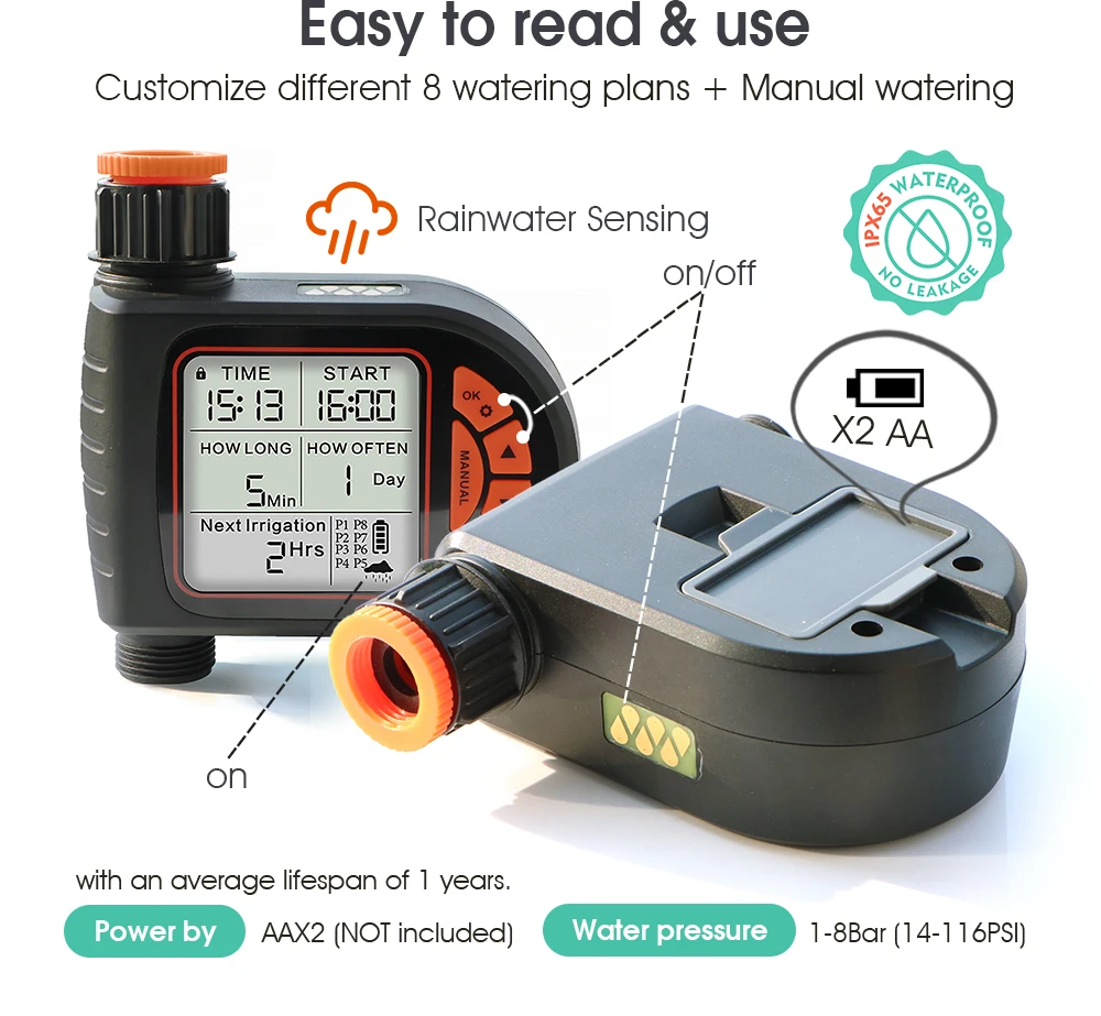 Kit de riego por goteo con temporizador y Sensor de lluvia inteligente para jardín de 5-50M para plantas al aire libre, sistema de riego automático con gotero ajustable de 1/4"