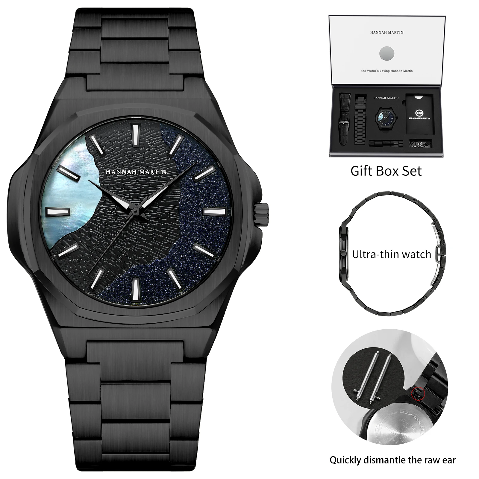 Reloj Hannah Martin para Hombre, 40mm, Acero Inoxidable y Cuero, Resistente al Agua, Reloj de Negocios con Movimiento de Cuarzo Japonés, Herramienta Incluida