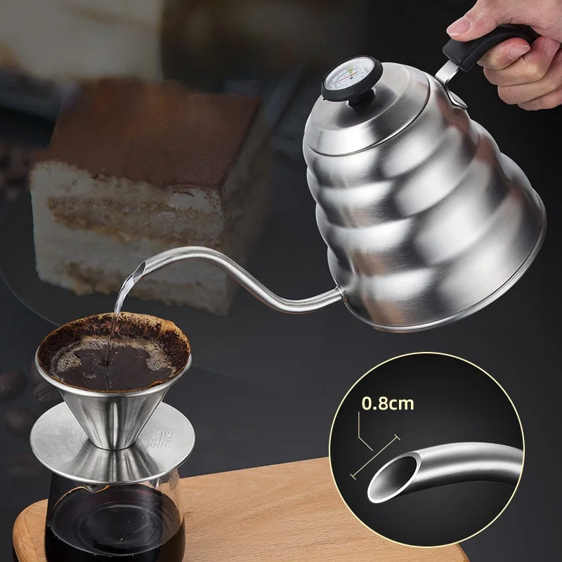 Cafetera de acero inoxidable con termómetro, cuello largo de cisne, alta capacidad, puede calentar café profesional hecho a mano