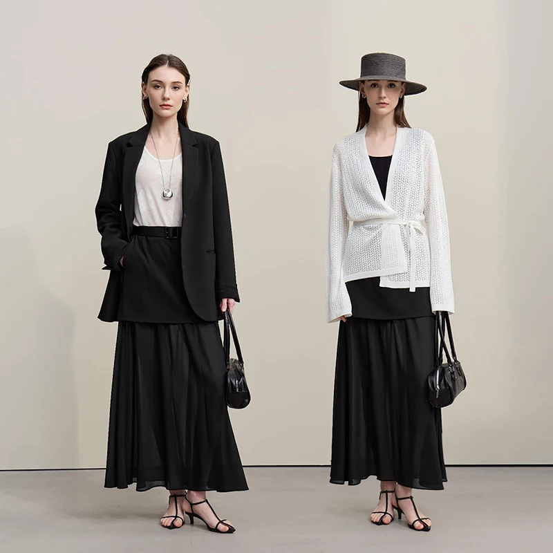Falda Larga de Chifón con Parches Elegante para Mujer, Nueva Colección Otoño 2026, Color Sólido, Corte Recto, Versátil, Ropa de Mujer 12641047
