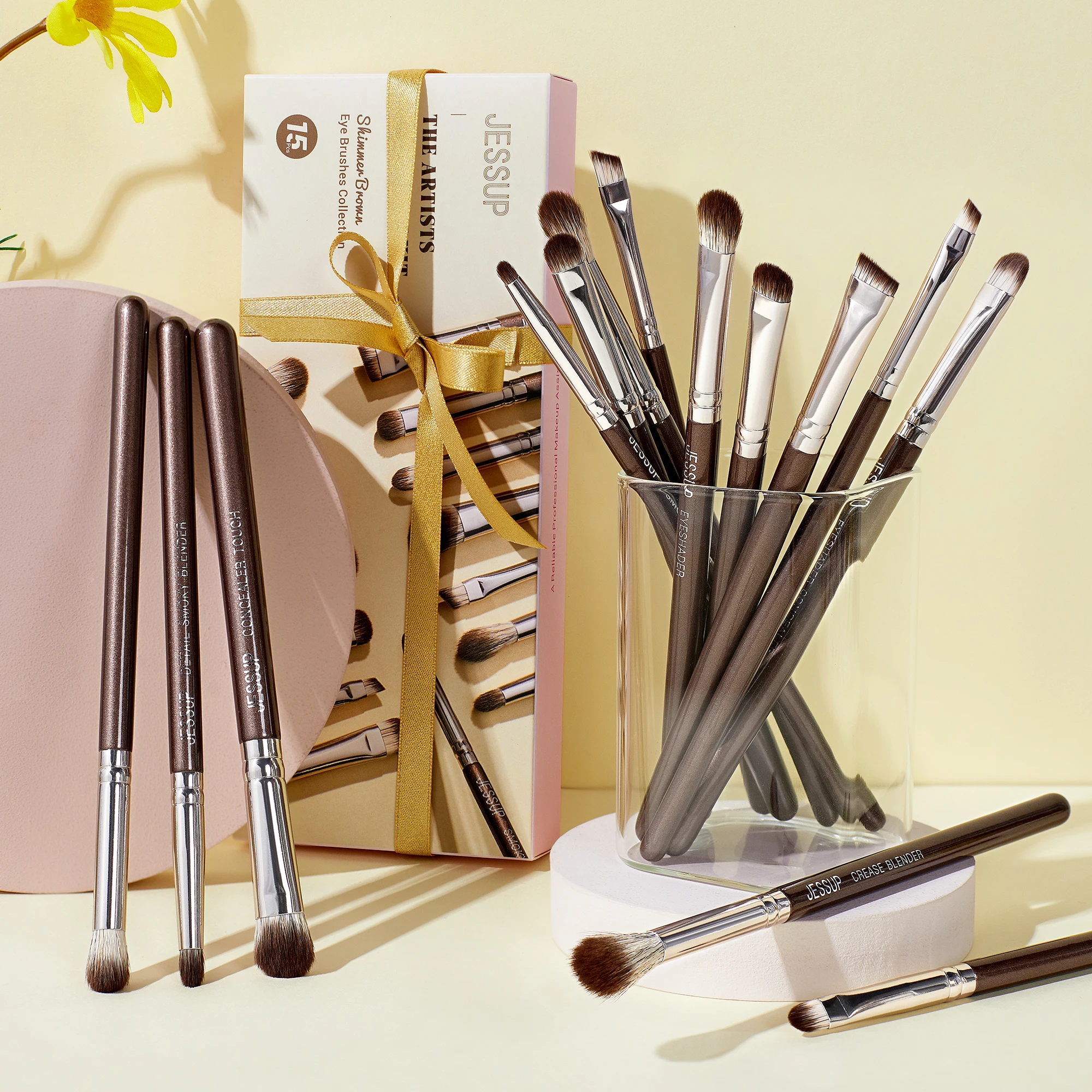 Jessup Juego de brochas de maquillaje para ojos, profesional, 15 Uds., brochas para sombra de ojos, corrector vegano, delineador de cejas, brocha para mezclar, marrón, T499