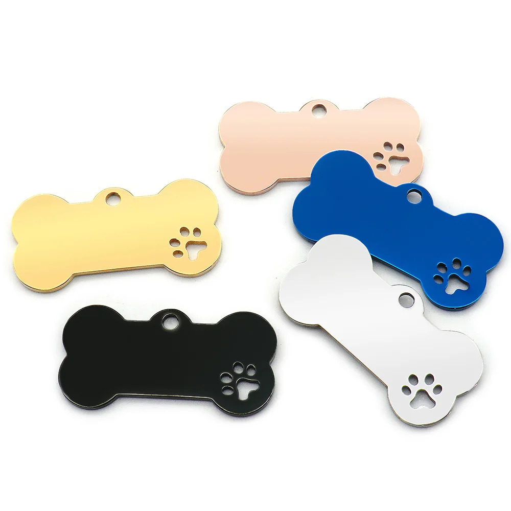 Venta al por mayor de 20 unidades de etiquetas de identificación personalizadas para mascotas, de acero inoxidable, con forma de hueso, grabadas con nombre, colgante para cachorros y perros, accesorios para mascotas.