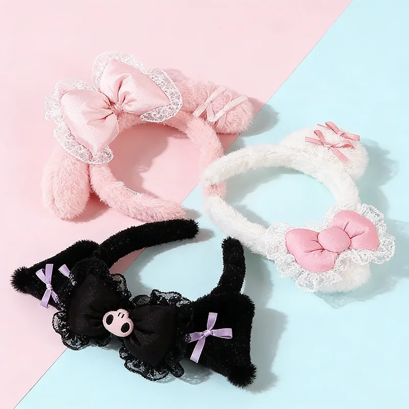 Diadema de Peluche de Hello Kitty, Melody y Kuromi, con Lazo Rosa y Negro, para Cosplay, Halloween, Disfraces y Regalos