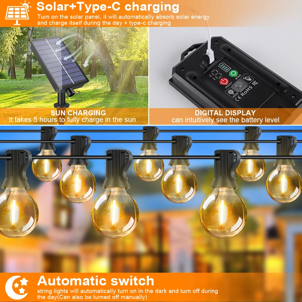Guirnalda de Luces Solares G40 para Exteriores, Luces LED Solares de 24V, Luces Colgantes Impermeables para Jardín, Patio Trasero, Cafetería