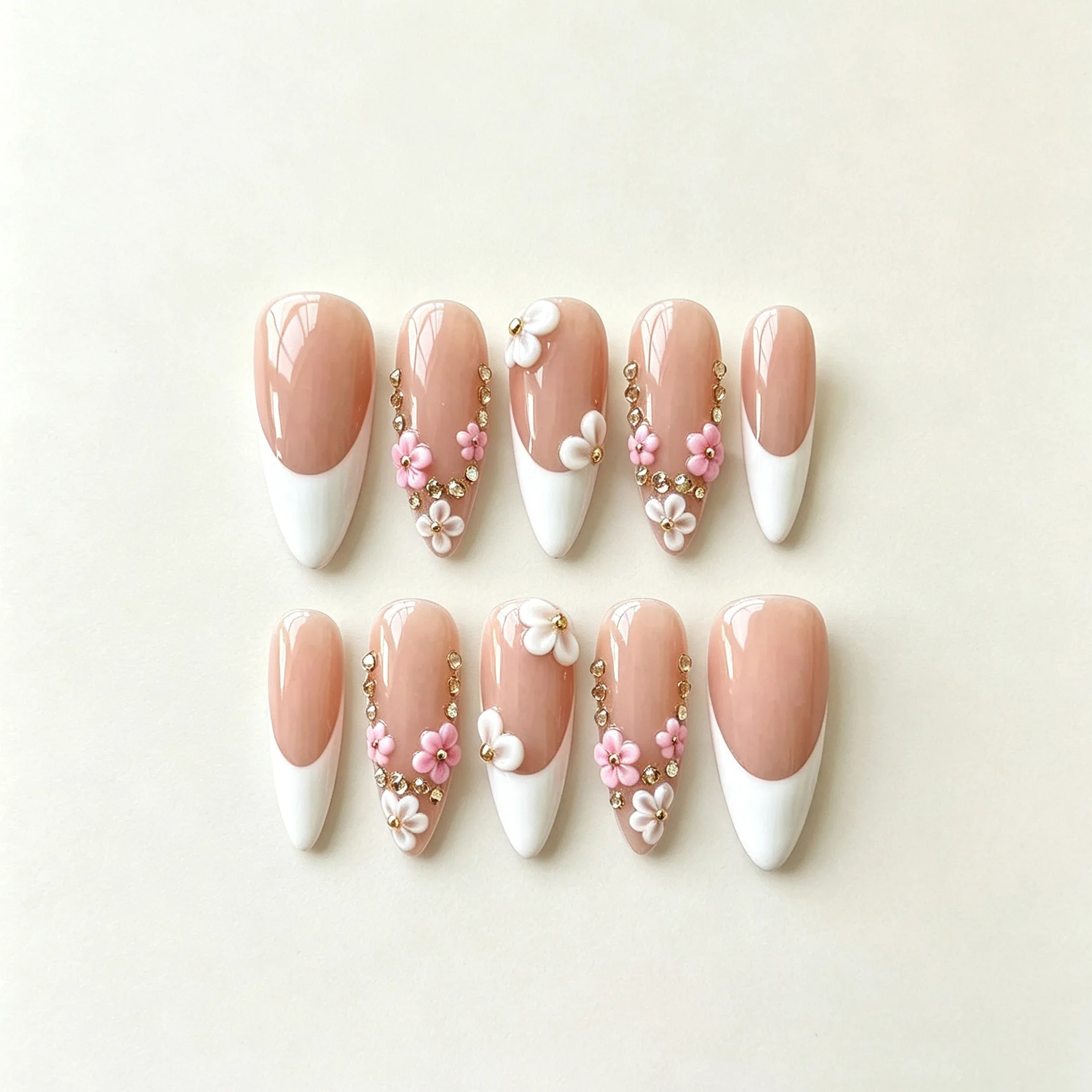 10 Uñas Postizas Hechas a Mano con Base Nude, Diseño 3D de Flores Rosas y Blancas con Pedrería, Uñas Postizas Largas Stiletto para Mujeres y Niñas