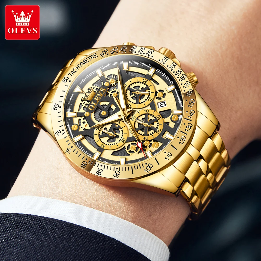 Relojes de hombre OLEVS de lujo, color dorado, con esqueleto completo, cronógrafo de acero inoxidable, resistente al agua, luminoso, de cuarzo.