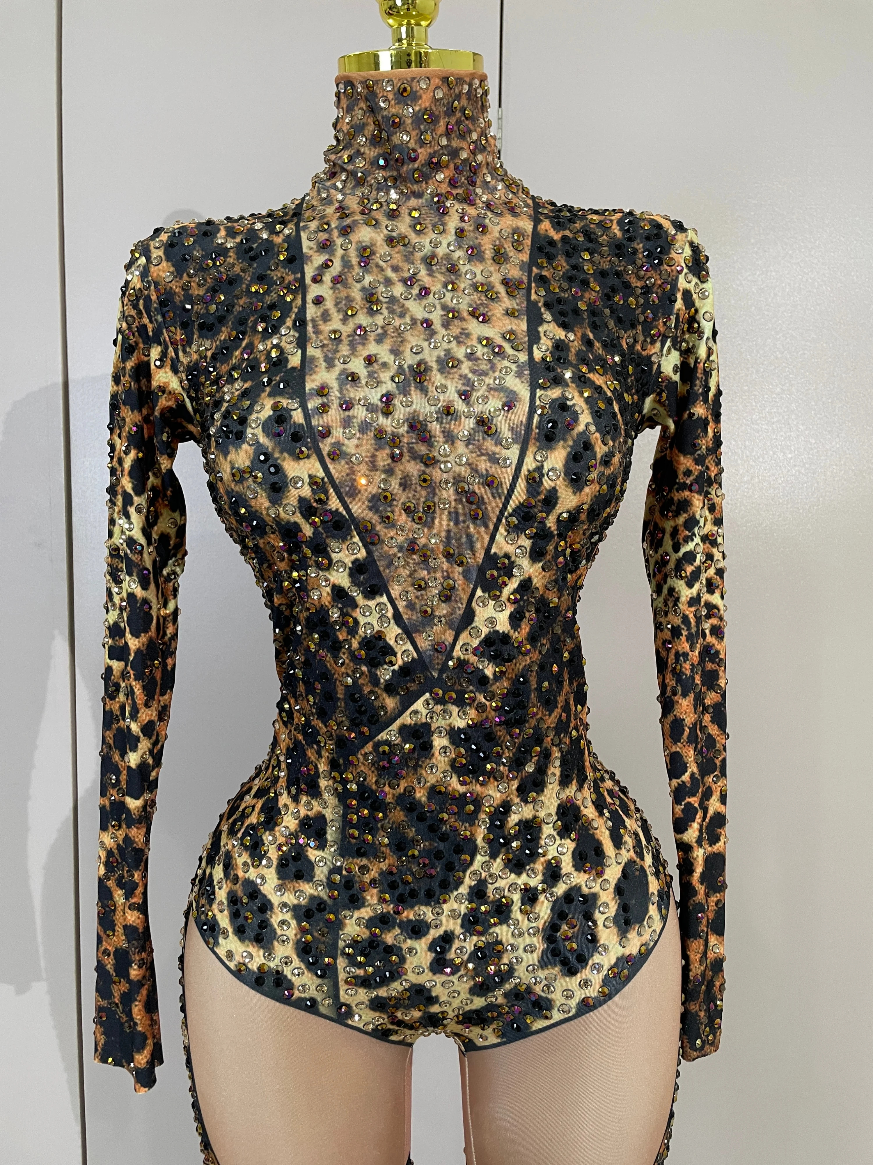 Mono elástico ajustado con estampado de leopardo y diamantes brillantes para mujer, traje sexy para fiesta nocturna, discoteca, cantante, bailarina, actuación en el escenario