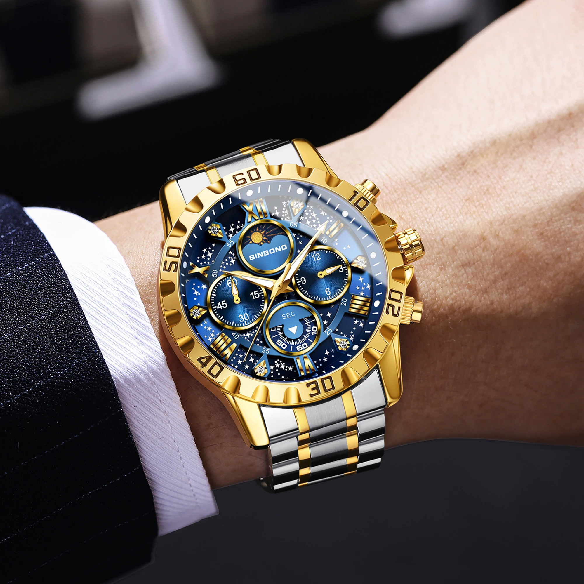 Relojes de cuarzo de la marca original BINBOND para hombre, reloj de lujo luminoso de acero inoxidable con cronógrafo, reloj para hombre elegante.