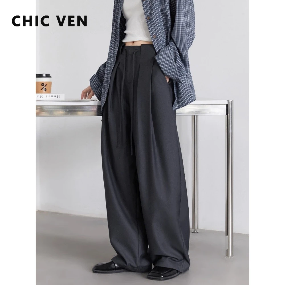 CHIC VEN-pantalones de pierna ancha para mujer, pantalón liso, holgado, informal, plisado con cordón, traje femenino, pantalones de oficina para mujer, otoño 2025