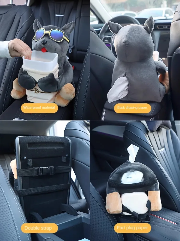 Caja de pañuelos montada en coche 2 en 1, muñeco de peluche de dibujos animados, reposabrazos automático, cajón de papel colgante, almacenamiento, cubo de basura y soporte para pañuelos para coche