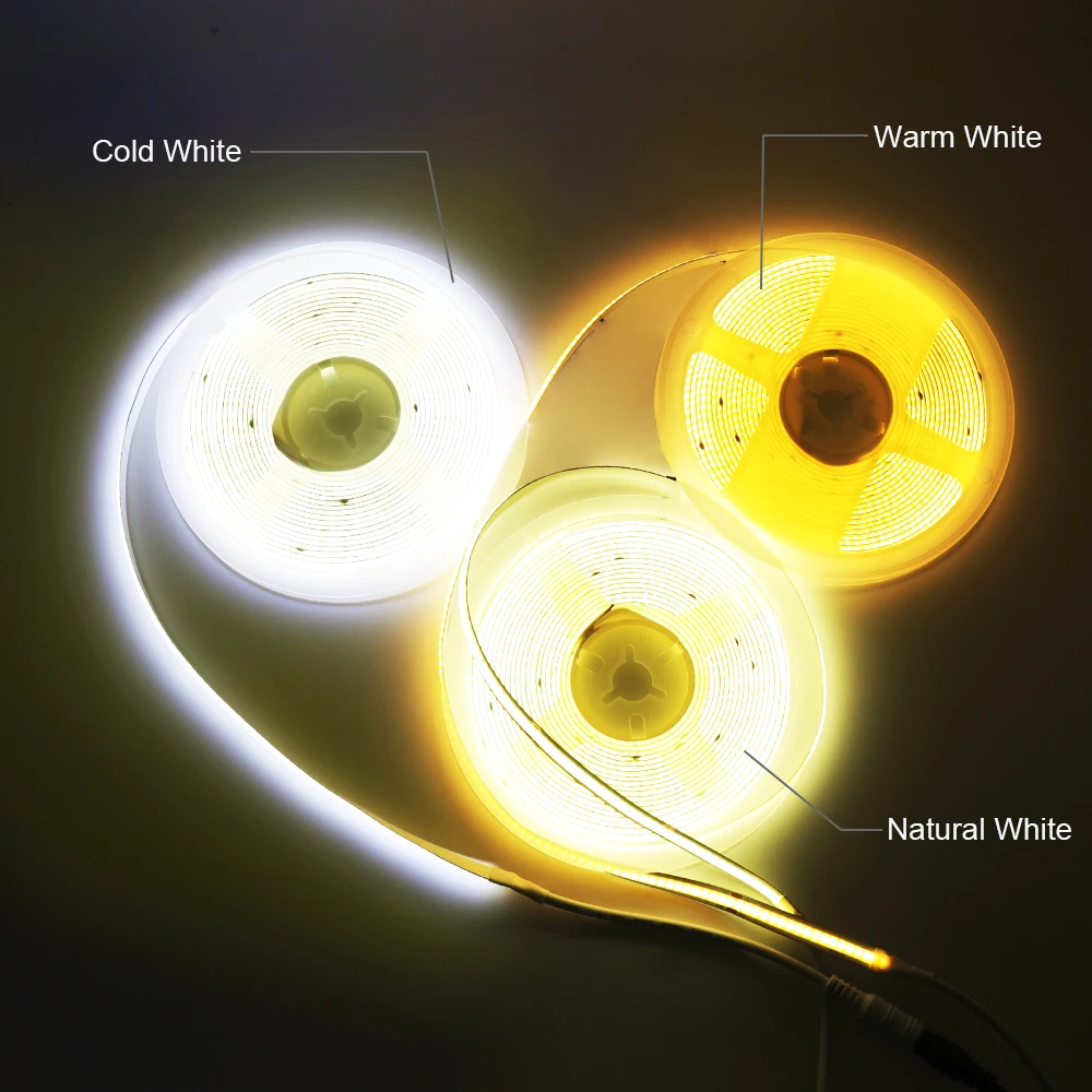 Tira de luces LED COB 5V 12V 24V 320 480 384 528 LED cinta Flexible 5mm 3mm 8mm PCB blanco Natural cálido luces lineales de alta densidad