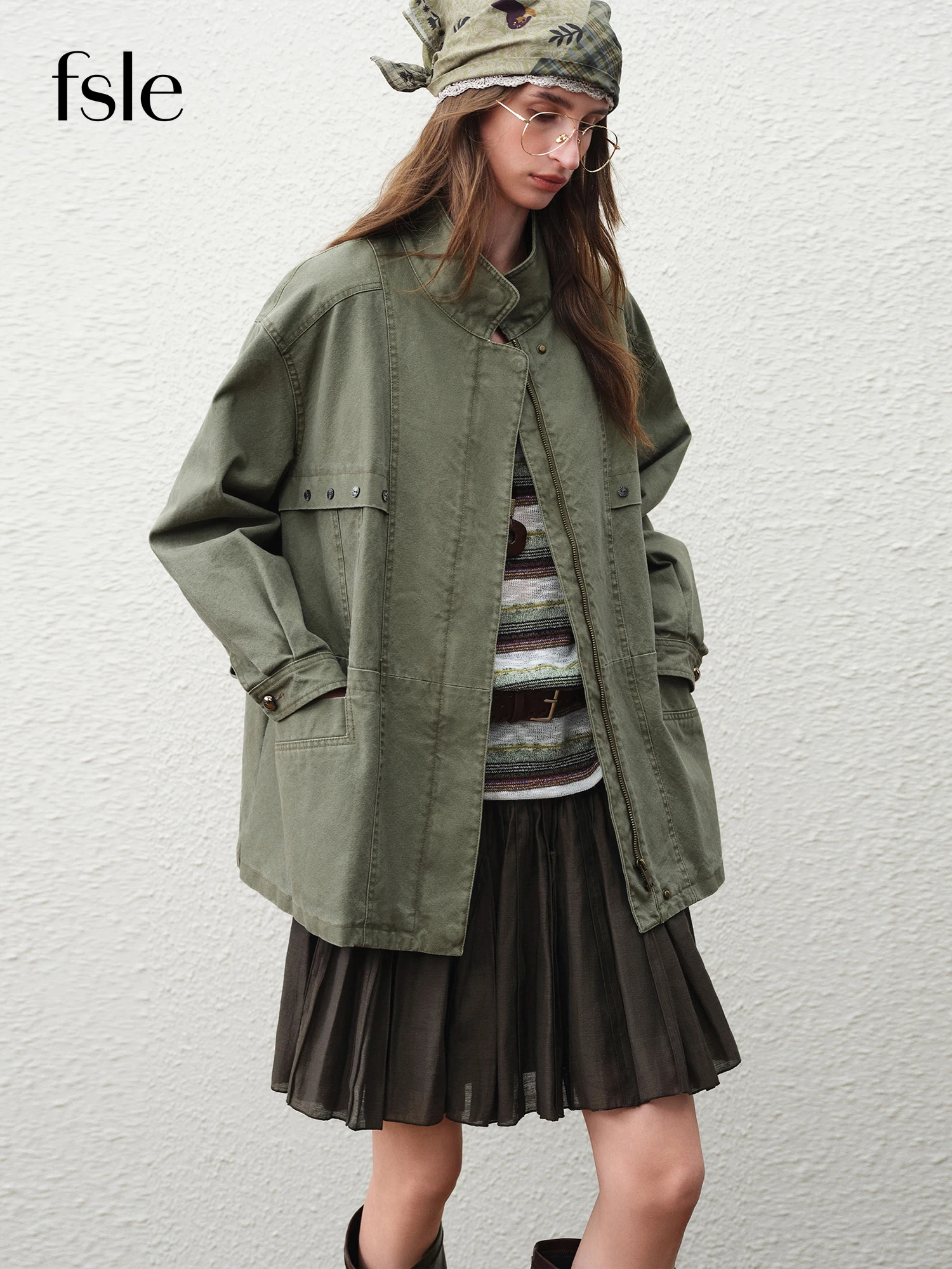 FSLE【Serie Premium】Chaqueta Corta Cargo Retro Vintage para Mujer, Primavera 2026, con Cuello Alto, Estilo Urbano Oversize