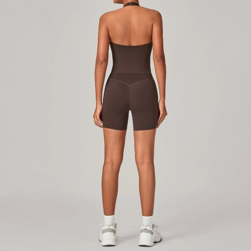 Conjuntos de Yoga para entrenamiento de gimnasio para mujer, camiseta sin mangas con cuello Halter, diseño de pecho Sexy con cuello en V, pantalones cortos para correr y levantar la cadera, trajes deportivos
