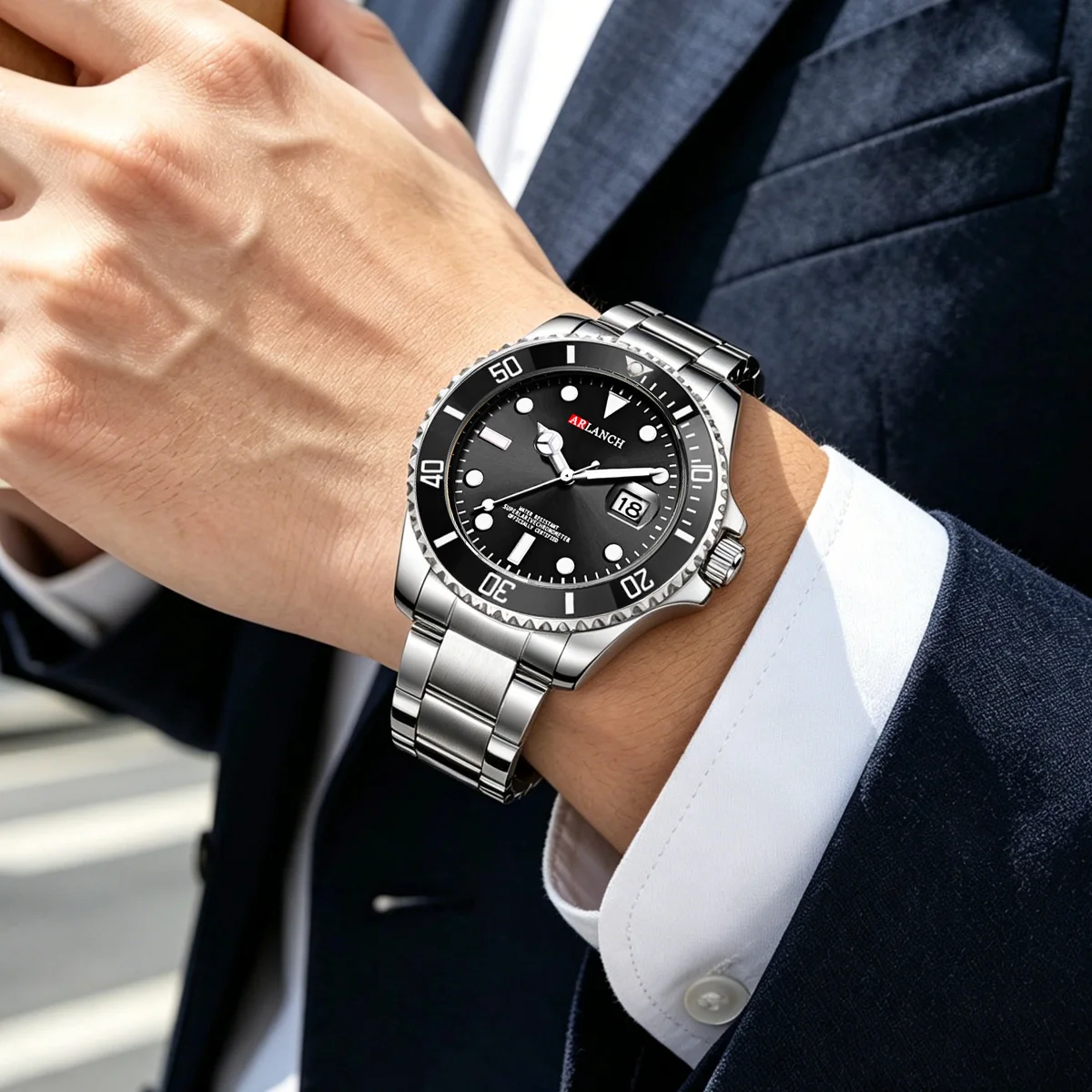 Reloj de acero inoxidable de 40 mm, estilo empresarial, serie de buceo con círculo rojo y azul, lupa, calendario, reloj de cuarzo, montre homme